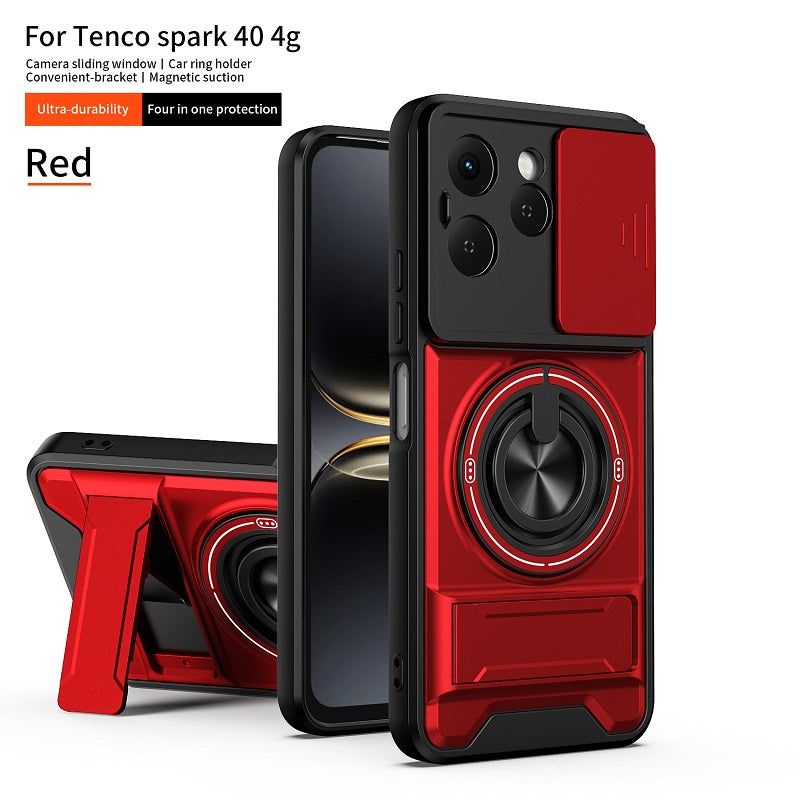 Luxury Slide Camera Lens Cover Case for Tecno Spark 40 4G, Built-in Ring Stand and Folding Stand Magnetic Protective Case