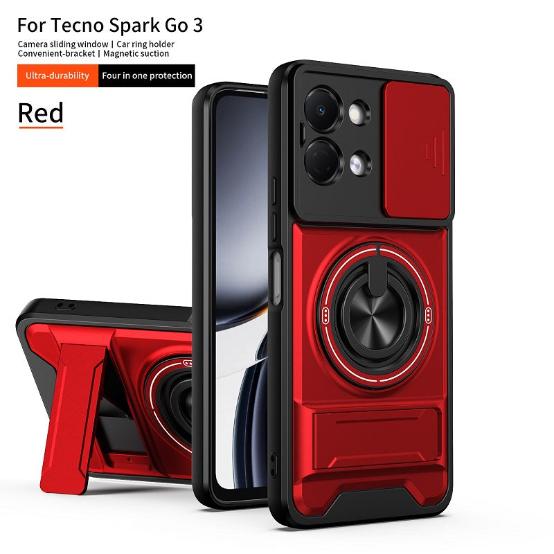 Luxury Slide Camera Lens Cover Case for Tecno Spark Go 3, Built-in Ring Stand and Folding Stand Magnetic Protective Case