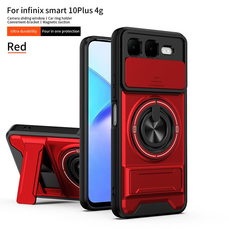 Luxury Slide Camera Lens Cover Case for Infinix Smart 10 Plus 4G, Built-in Ring Stand and Folding Stand Magnetic Protective Case