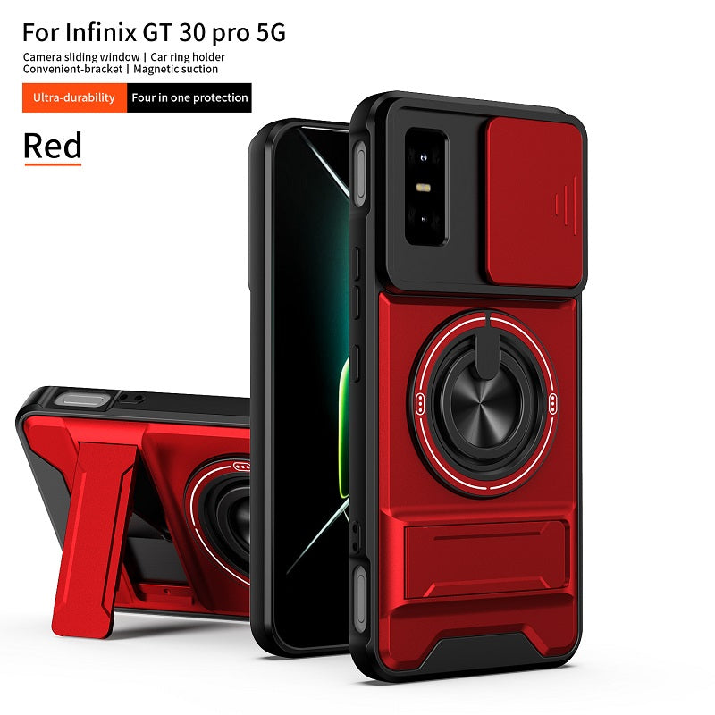 Luxury Slide Camera Lens Cover Case for Infinix GT 30 Pro 5G, Built-in Ring Stand and Folding Stand Magnetic Protective Case
