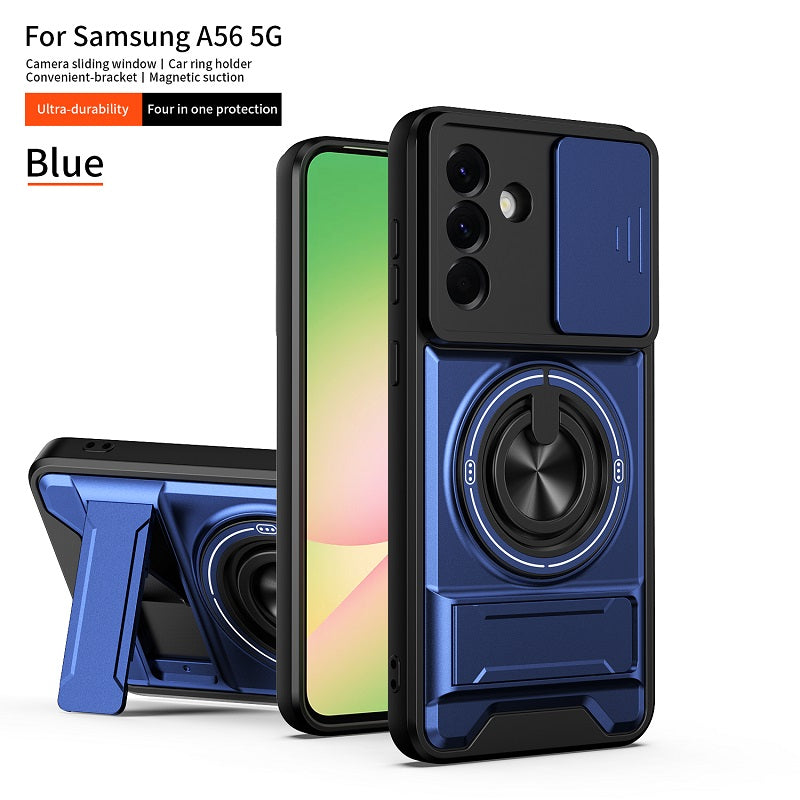 Luxury Slide Camera Lens Cover Case for Samsung Galaxy A56 5G, Built-in Ring Stand and Folding Stand Magnetic Protective Case