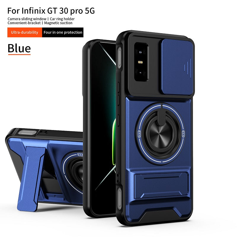 Luxury Slide Camera Lens Cover Case for Infinix GT 30 Pro 5G, Built-in Ring Stand and Folding Stand Magnetic Protective Case