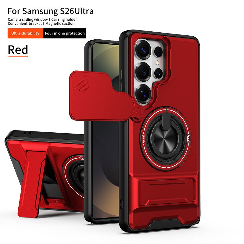 Luxury Slide Camera Lens Cover Case for Samsung Galaxy S26 Ultra, Built-in Ring Stand and Folding Stand Magnetic Protective Case
