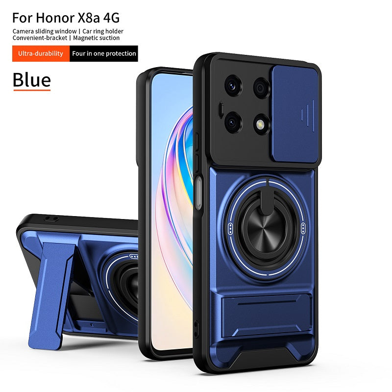 Luxury Slide Camera Lens Cover Case for Honor X8A 4G, Built-in Ring Stand and Folding Stand Magnetic Protective Case