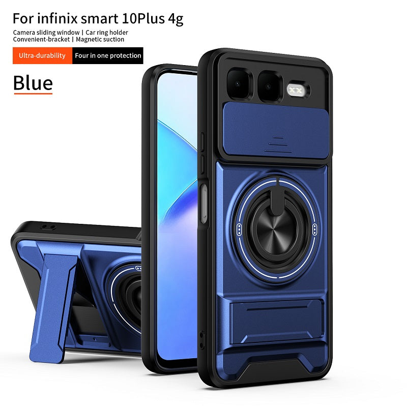 Luxury Slide Camera Lens Cover Case for Infinix Smart 10 Plus 4G, Built-in Ring Stand and Folding Stand Magnetic Protective Case