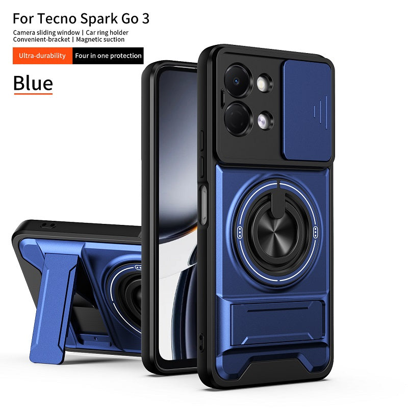 Luxury Slide Camera Lens Cover Case for Tecno Spark Go 3, Built-in Ring Stand and Folding Stand Magnetic Protective Case