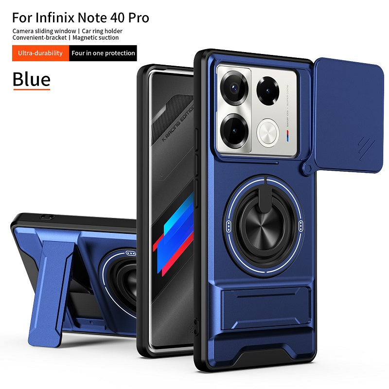 Luxury Slide Camera Lens Cover Case for Infinix Note 40 Pro 5G/4G, Built-in Ring Stand and Folding Stand Magnetic Protective Case