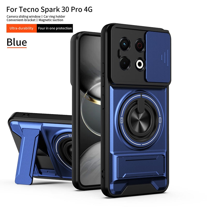 Luxury Slide Camera Lens Cover Case for Tecno Spark 30 Pro 4G, Built-in Ring Stand and Folding Stand Magnetic Protective Case