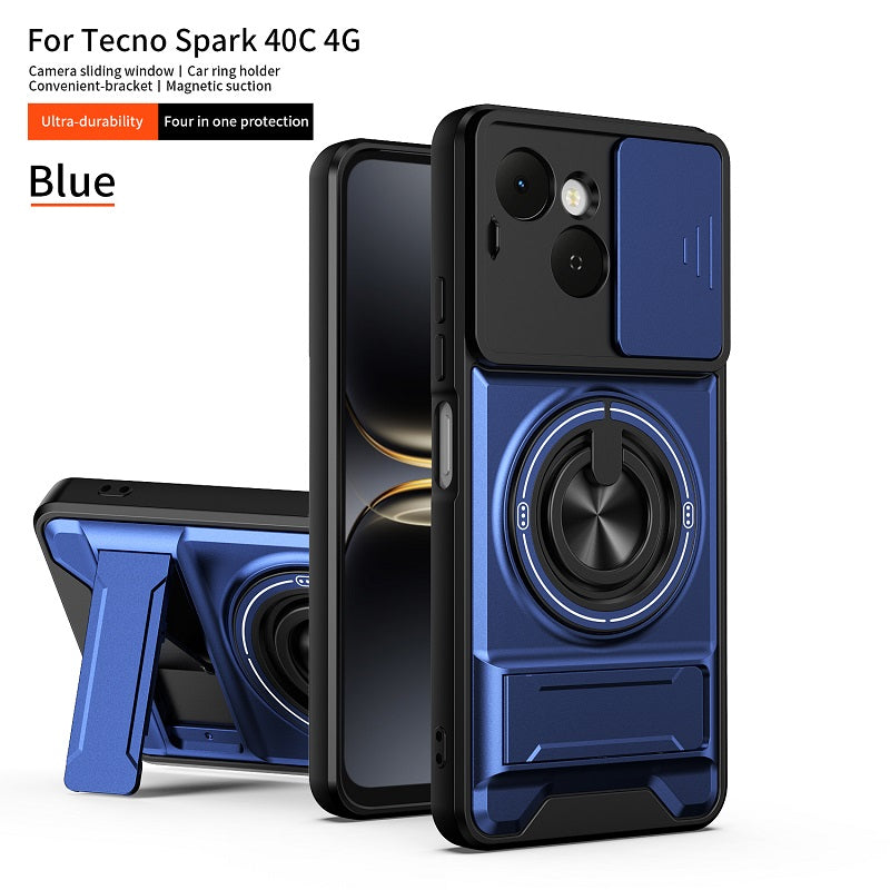 Luxury Slide Camera Lens Cover Case for Tecno Spark 40C 4G, Built-in Ring Stand and Folding Stand Magnetic Protective Case