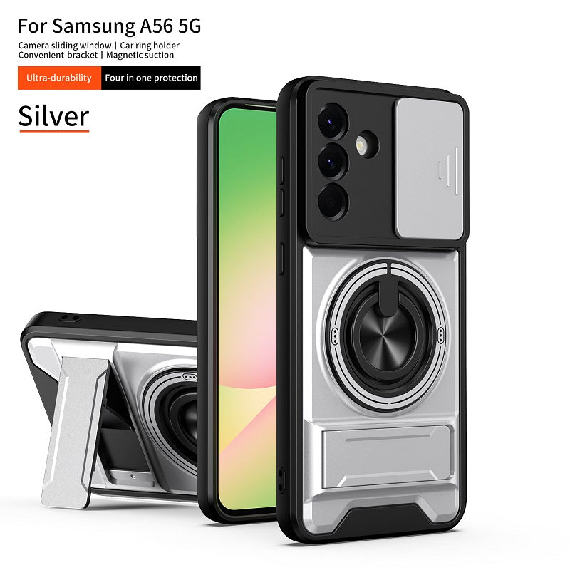 Luxury Slide Camera Lens Cover Case for Samsung Galaxy A56 5G, Built-in Ring Stand and Folding Stand Magnetic Protective Case