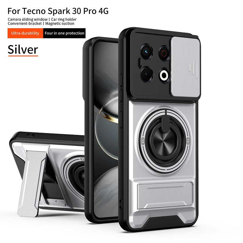 Luxury Slide Camera Lens Cover Case for Tecno Spark 30 Pro 4G, Built-in Ring Stand and Folding Stand Magnetic Protective Case