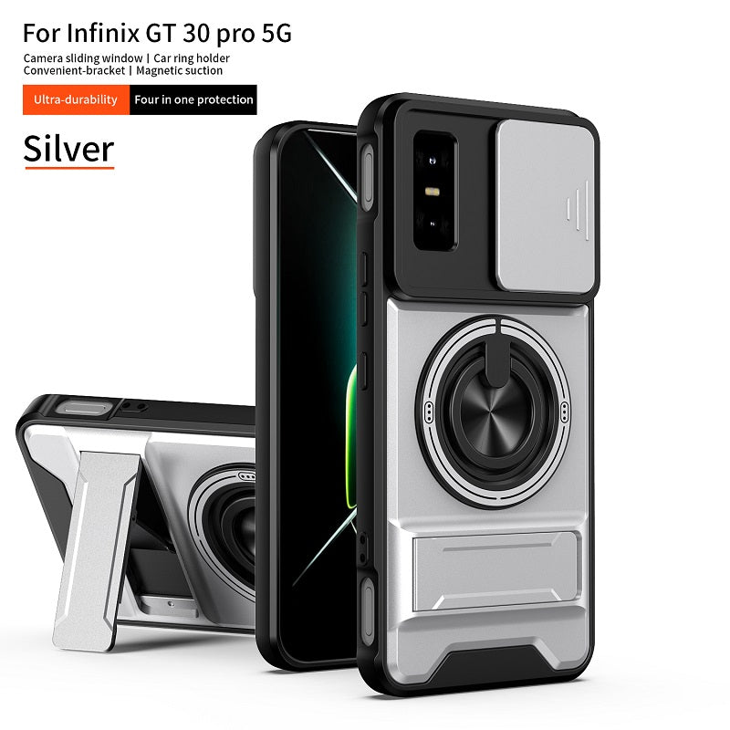 Luxury Slide Camera Lens Cover Case for Infinix GT 30 Pro 5G, Built-in Ring Stand and Folding Stand Magnetic Protective Case