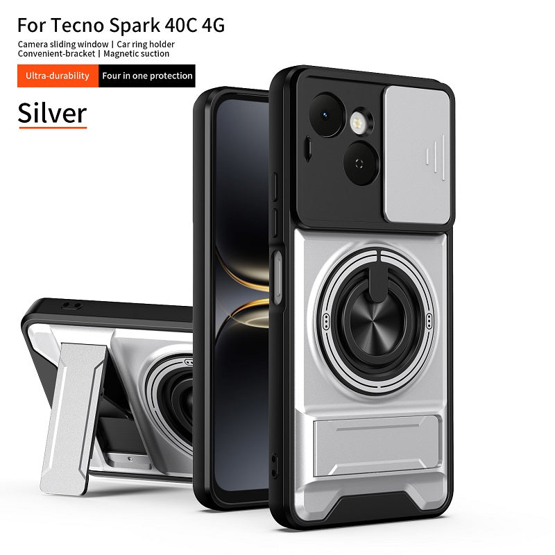 Luxury Slide Camera Lens Cover Case for Tecno Spark 40C 4G, Built-in Ring Stand and Folding Stand Magnetic Protective Case
