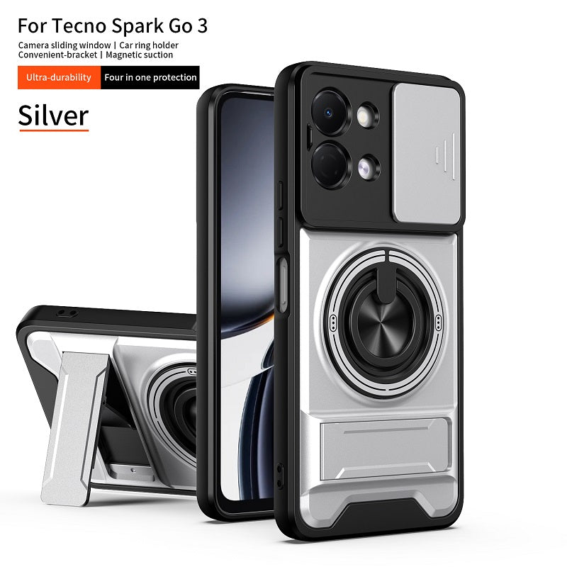 Luxury Slide Camera Lens Cover Case for Tecno Spark Go 3, Built-in Ring Stand and Folding Stand Magnetic Protective Case