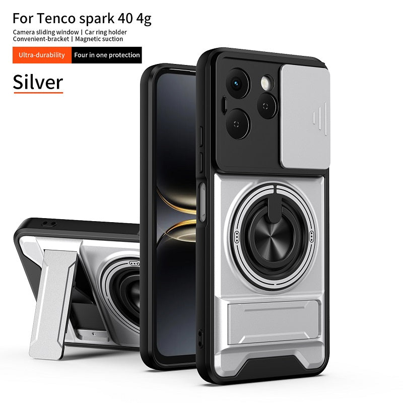 Luxury Slide Camera Lens Cover Case for Tecno Spark 40 4G, Built-in Ring Stand and Folding Stand Magnetic Protective Case