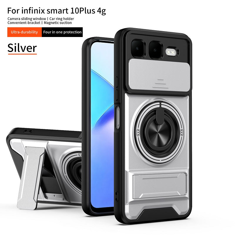 Luxury Slide Camera Lens Cover Case for Infinix Smart 10 Plus 4G, Built-in Ring Stand and Folding Stand Magnetic Protective Case