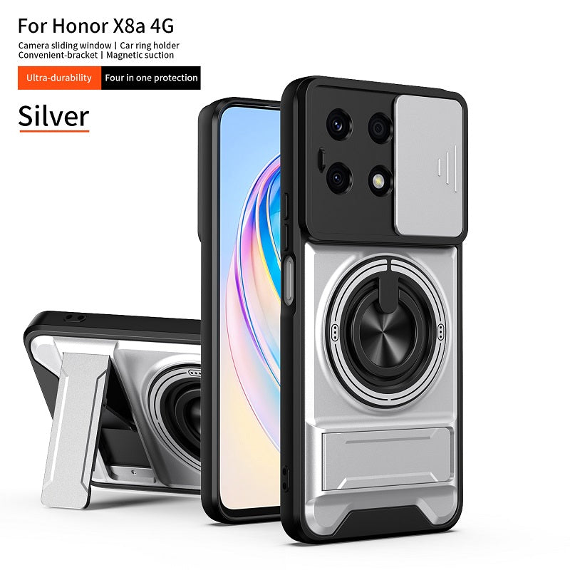 Luxury Slide Camera Lens Cover Case for Honor X8A 4G, Built-in Ring Stand and Folding Stand Magnetic Protective Case