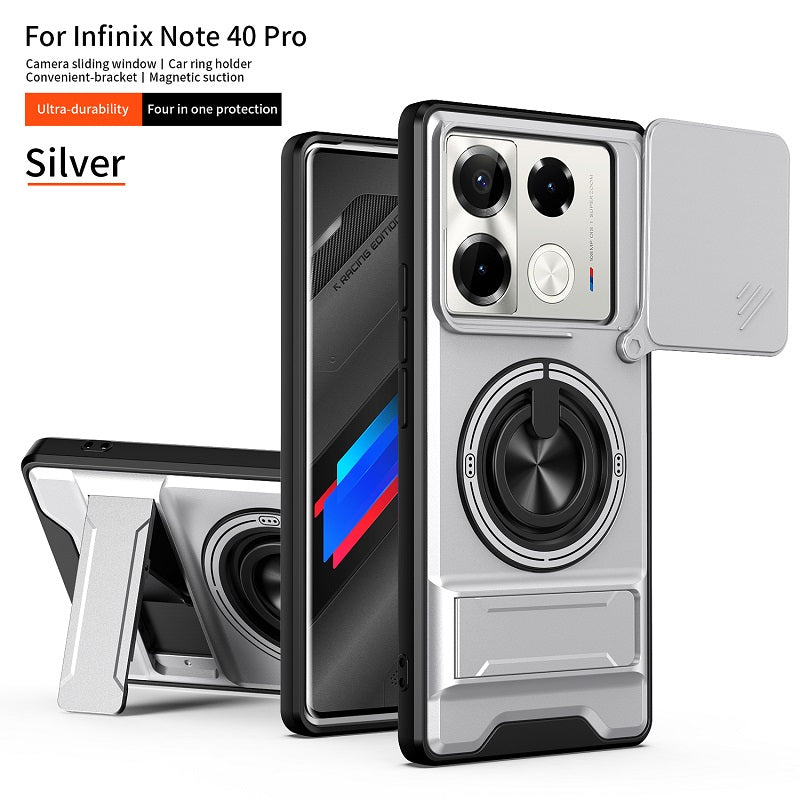 Luxury Slide Camera Lens Cover Case for Infinix Note 40 Pro 5G/4G, Built-in Ring Stand and Folding Stand Magnetic Protective Case