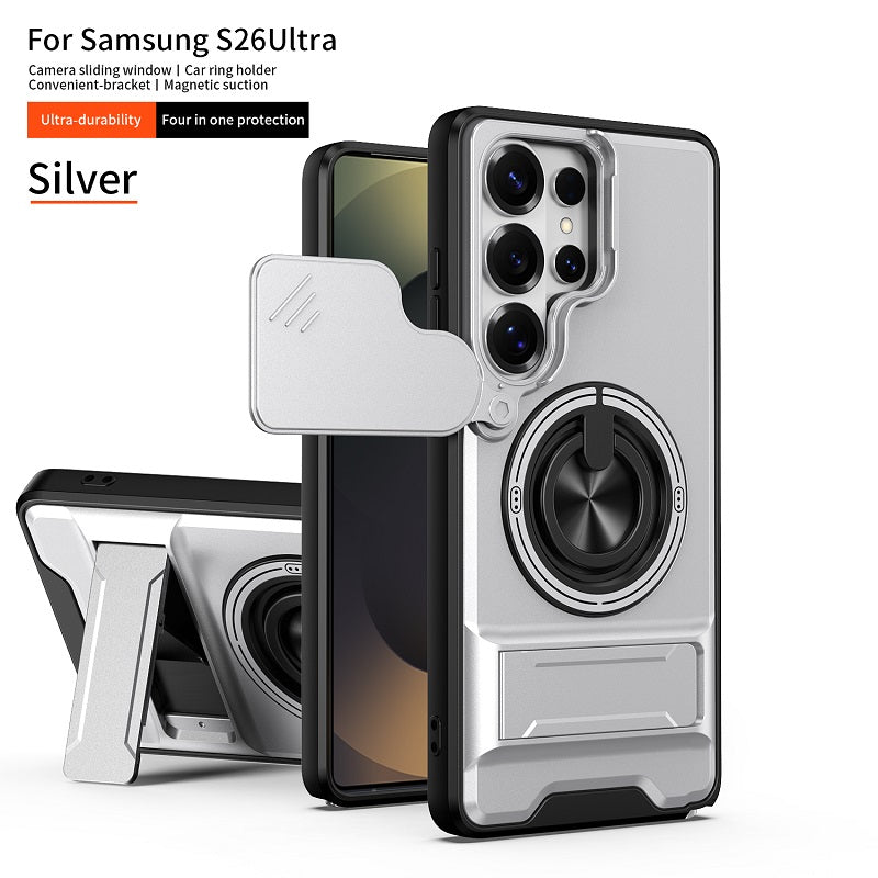 Luxury Slide Camera Lens Cover Case for Samsung Galaxy S26 Ultra, Built-in Ring Stand and Folding Stand Magnetic Protective Case