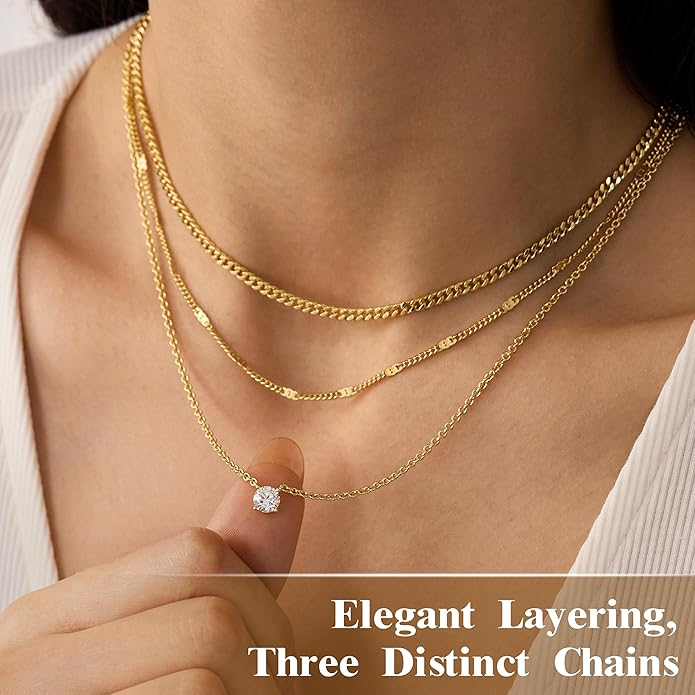 Layered Gold Necklaces for Woman, 14K Gold Sterling Silver Plated Dainty Pendant Necklace Set with Cubic Zirconia Circle