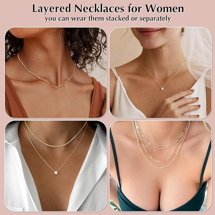 Layered Gold Necklaces for Woman, 14K Gold Sterling Silver Plated Dainty Pendant Necklace Set with Cubic Zirconia Circle