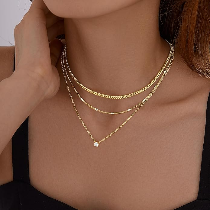 Layered Gold Necklaces for Woman, 14K Gold Sterling Silver Plated Dainty Pendant Necklace Set with Cubic Zirconia Circle