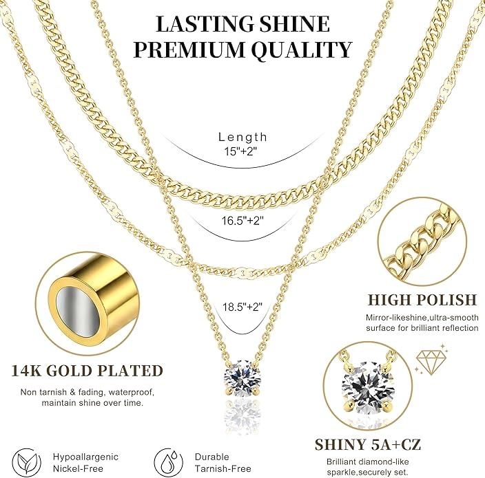 Layered Gold Necklaces for Woman, 14K Gold Sterling Silver Plated Dainty Pendant Necklace Set with Cubic Zirconia Circle