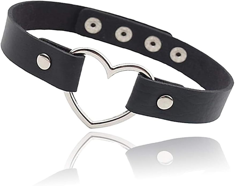 Love Heart Adjustable Leather Choker Punk PU Necklace Goth Choker Soft Collar Chain for Woman