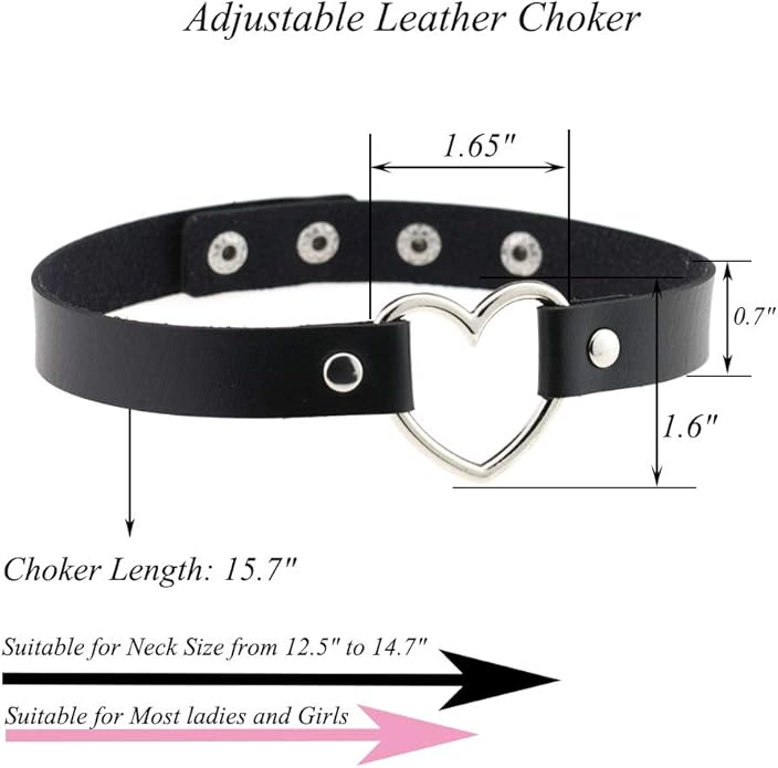 Love Heart Adjustable Leather Choker Punk PU Necklace Goth Choker Soft Collar Chain for Woman