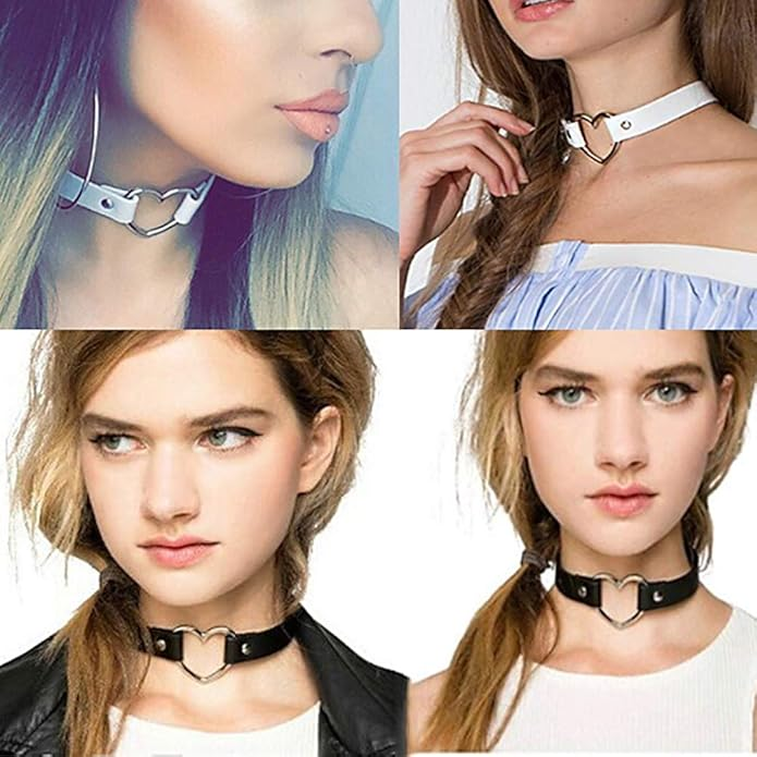 Love Heart Adjustable Leather Choker Punk PU Necklace Goth Choker Soft Collar Chain for Woman
