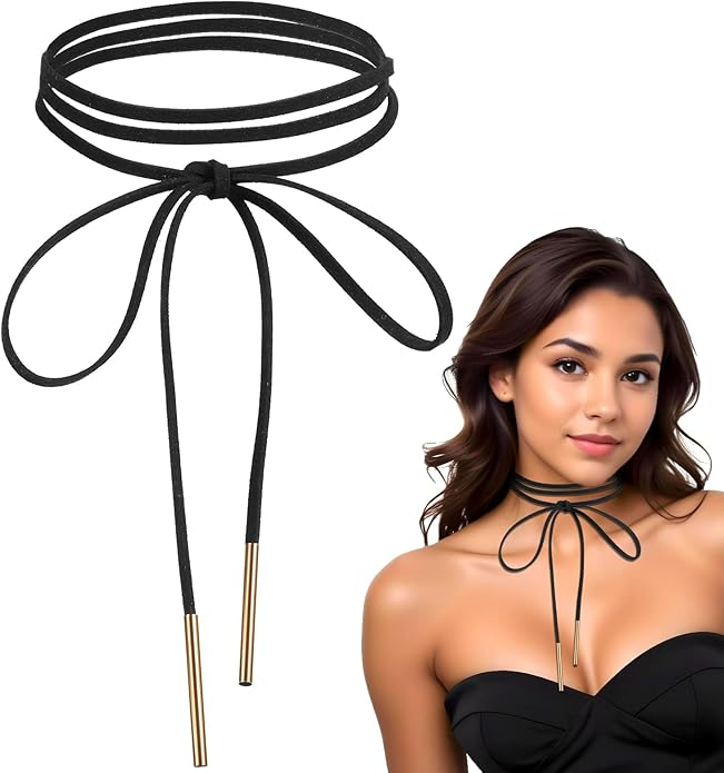 Black Choker Necklace for Woman, Gothic Bow Velvet Choker, Sexy Long Wrap Rope Collar Tie Neck
