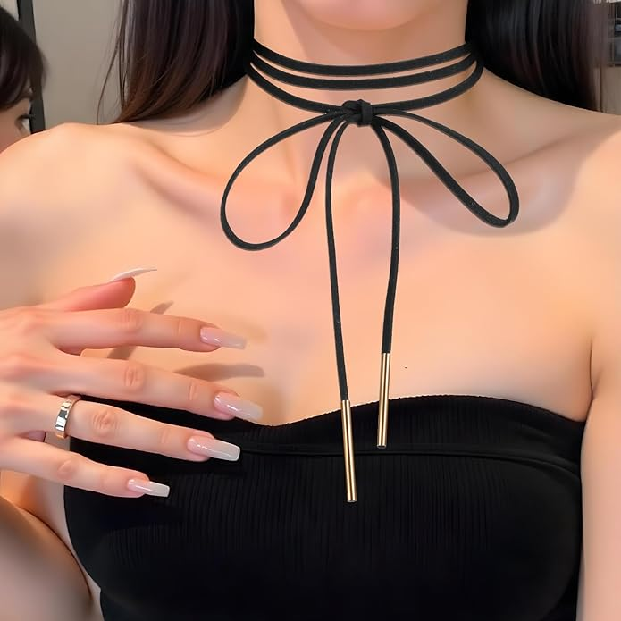 Black Choker Necklace for Woman, Gothic Bow Velvet Choker, Sexy Long Wrap Rope Collar Tie Neck