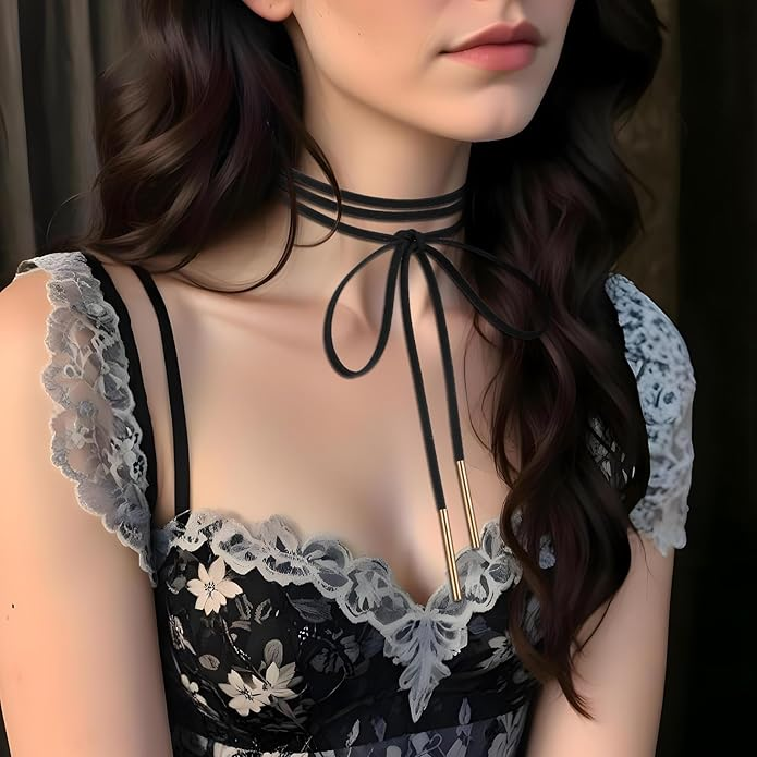 Black Choker Necklace for Woman, Gothic Bow Velvet Choker, Sexy Long Wrap Rope Collar Tie Neck