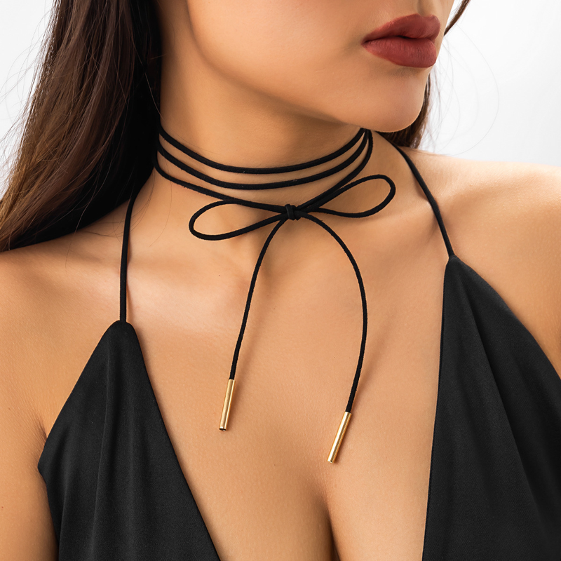 Black Choker Necklace for Woman, Gothic Bow Velvet Choker, Sexy Long Wrap Rope Collar Tie Neck