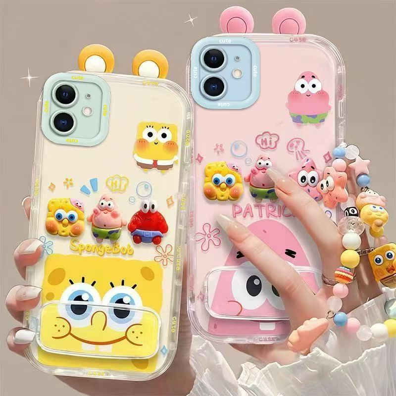 Phone Case for iPhone 12, Cute 3D SpongeBob And Patrick Mirror Stand TPU Soft Silicone Anti Fall Protective CoverC