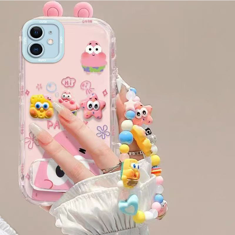Phone Case for iPhone 12, Cute 3D SpongeBob And Patrick Mirror Stand TPU Soft Silicone Anti Fall Protective CoverC