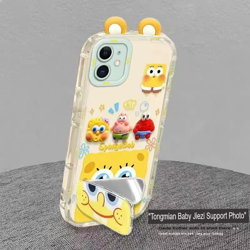 Phone Case for iPhone 12, Cute 3D SpongeBob And Patrick Mirror Stand TPU Soft Silicone Anti Fall Protective CoverC