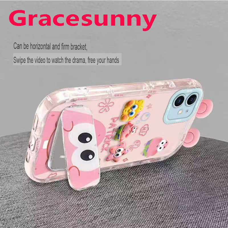 Phone Case for iPhone 12, Cute 3D SpongeBob And Patrick Mirror Stand TPU Soft Silicone Anti Fall Protective CoverC