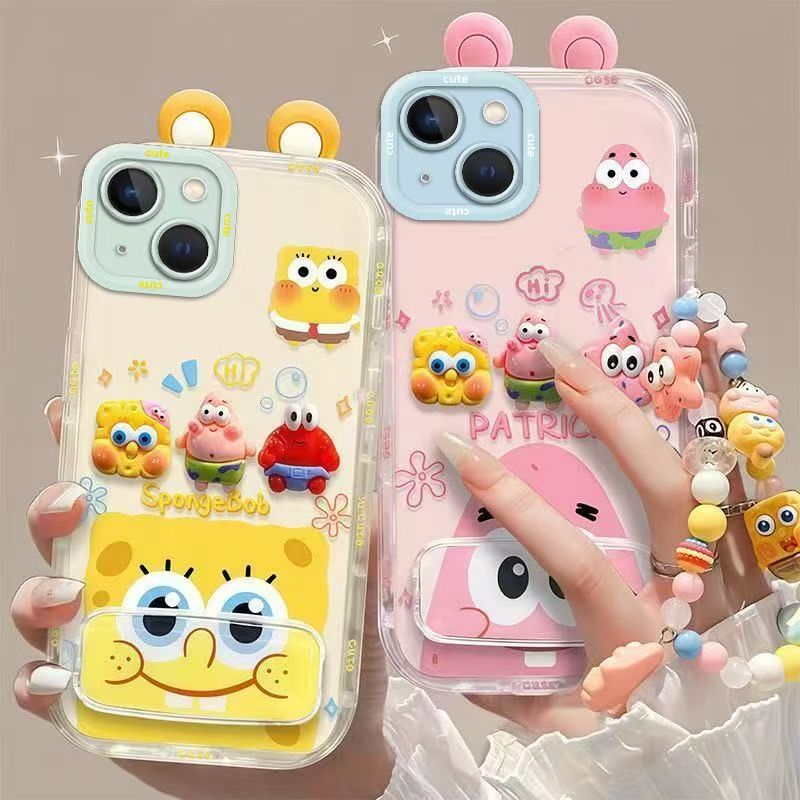 Phone Case for iPhone 13 Cute 3D SpongeBob And Patrick Mirror Stand TPU Soft Silicone Anti Fall Protective Cover