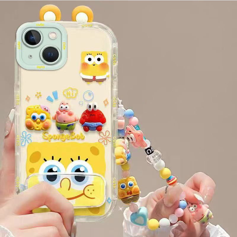 Phone Case for iPhone 13 Cute 3D SpongeBob And Patrick Mirror Stand TPU Soft Silicone Anti Fall Protective Cover