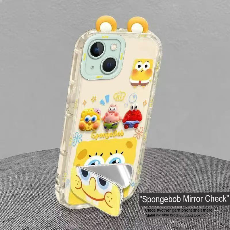 Phone Case for iPhone 13 Mini, Cute 3D SpongeBob And Patrick Mirror Stand TPU Soft Silicone Anti Fall Protective Cover