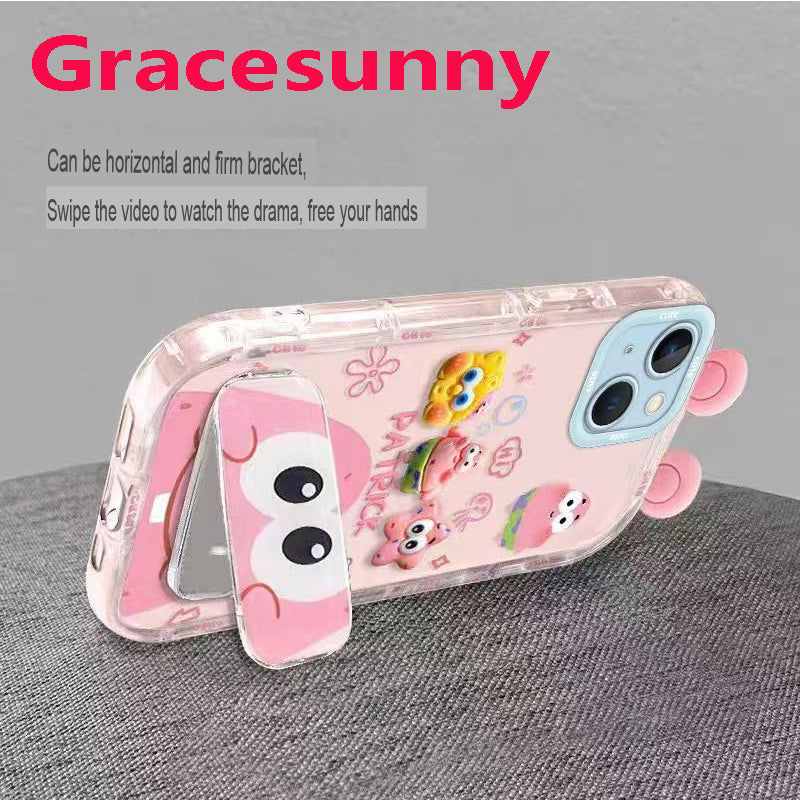 Phone Case for iPhone 14 14 Plus Cute 3D SpongeBob And Patrick Mirror Stand TPU Soft Silicone Anti Fall Protective Cover