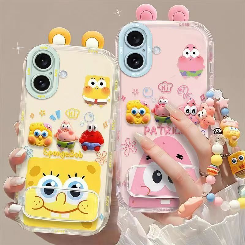 Phone Case for iPhone 16 Cute 3D SpongeBob And Patrick Mirror Stand TPU Soft Silicone Anti Fall Protective Cover