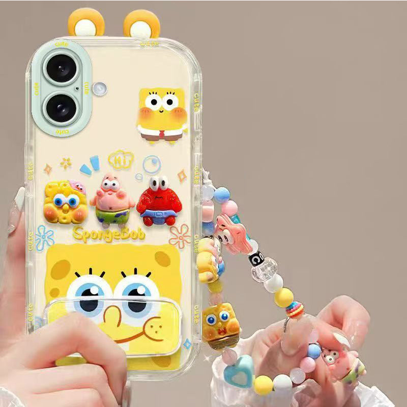 Phone Case for iPhone 16 Cute 3D SpongeBob And Patrick Mirror Stand TPU Soft Silicone Anti Fall Protective Cover