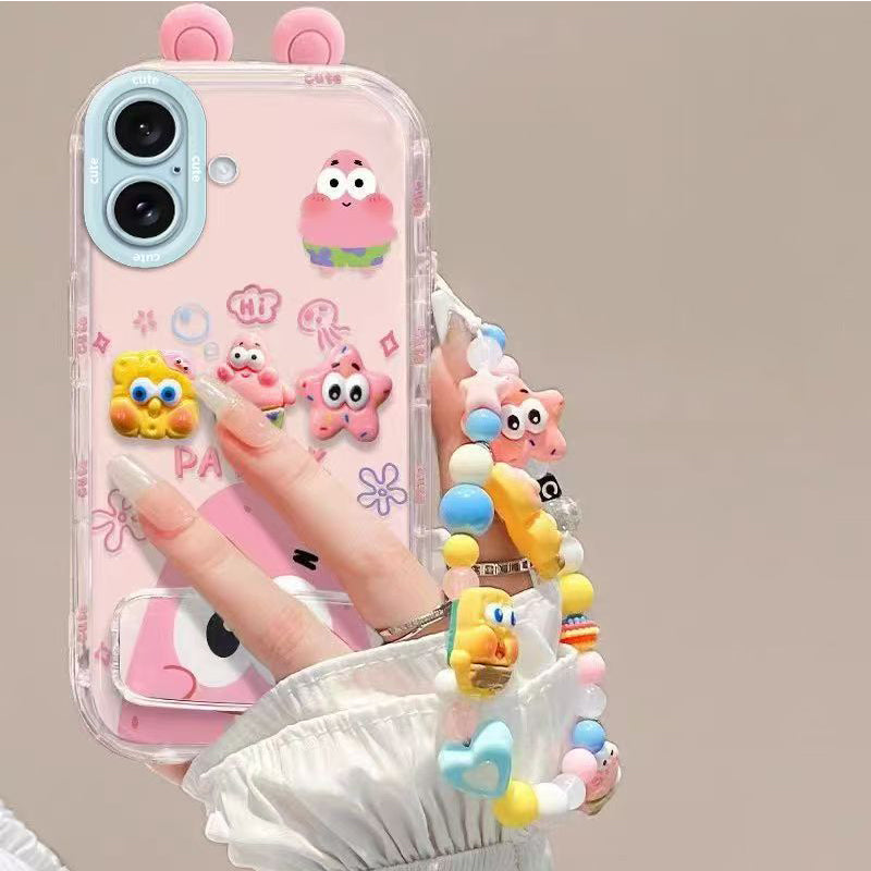 Phone Case for iPhone 16 Cute 3D SpongeBob And Patrick Mirror Stand TPU Soft Silicone Anti Fall Protective Cover