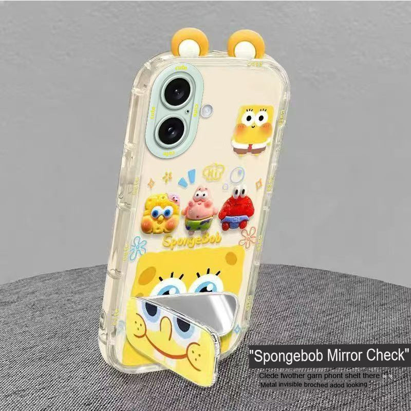 Phone Case for iPhone 16 Cute 3D SpongeBob And Patrick Mirror Stand TPU Soft Silicone Anti Fall Protective Cover