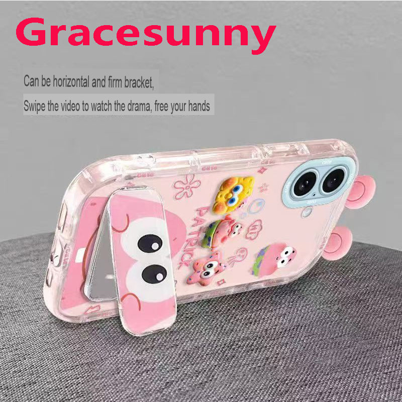 Phone Case for iPhone 16 Cute 3D SpongeBob And Patrick Mirror Stand TPU Soft Silicone Anti Fall Protective Cover