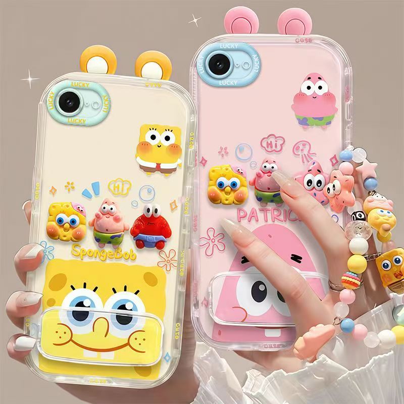 Phone Case for iPhone 16e/se4 Cute 3D SpongeBob And Patrick Mirror Stand TPU Soft Silicone Anti Fall Protective Cover