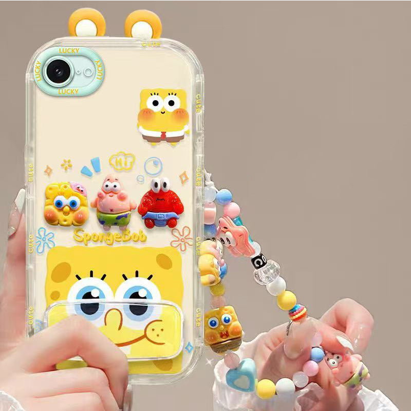 Phone Case for iPhone 16e/se4 Cute 3D SpongeBob And Patrick Mirror Stand TPU Soft Silicone Anti Fall Protective Cover