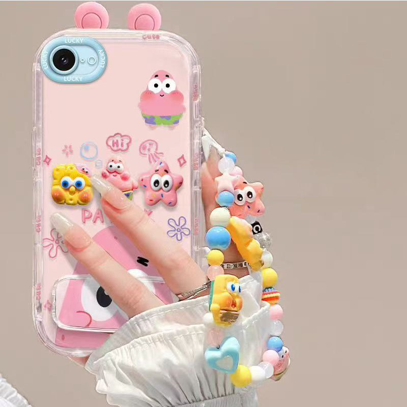 Phone Case for iPhone 16e/se4 Cute 3D SpongeBob And Patrick Mirror Stand TPU Soft Silicone Anti Fall Protective Cover